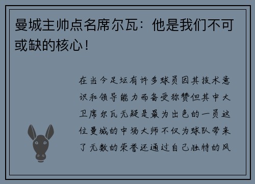 曼城主帅点名席尔瓦：他是我们不可或缺的核心！