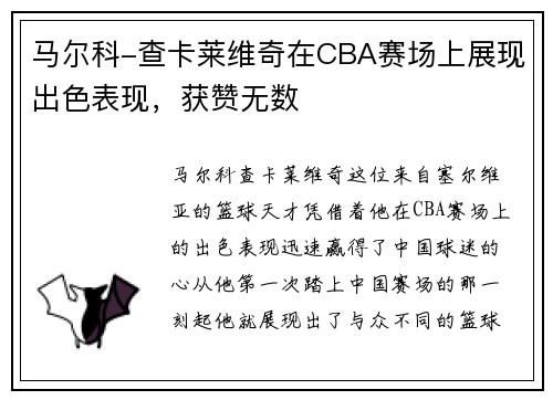 马尔科-查卡莱维奇在CBA赛场上展现出色表现，获赞无数