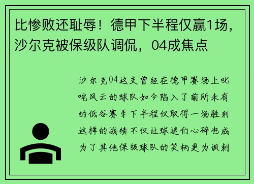 比惨败还耻辱！德甲下半程仅赢1场，沙尔克被保级队调侃，04成焦点