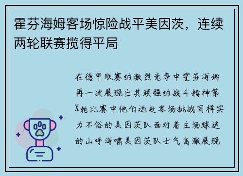霍芬海姆客场惊险战平美因茨，连续两轮联赛揽得平局