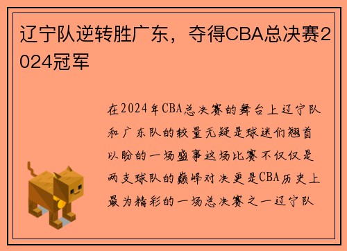 辽宁队逆转胜广东，夺得CBA总决赛2024冠军