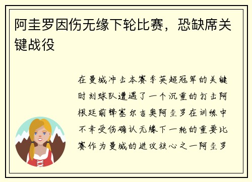 阿圭罗因伤无缘下轮比赛，恐缺席关键战役