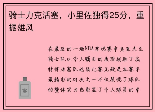 骑士力克活塞，小里佐独得25分，重振雄风