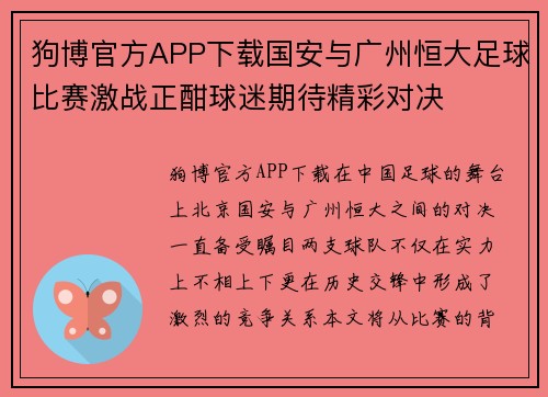 狗博官方APP下载国安与广州恒大足球比赛激战正酣球迷期待精彩对决