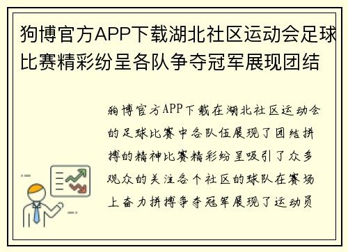 狗博官方APP下载湖北社区运动会足球比赛精彩纷呈各队争夺冠军展现团结拼搏精神