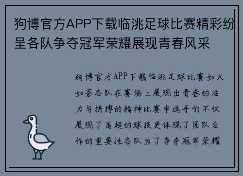狗博官方APP下载临洮足球比赛精彩纷呈各队争夺冠军荣耀展现青春风采