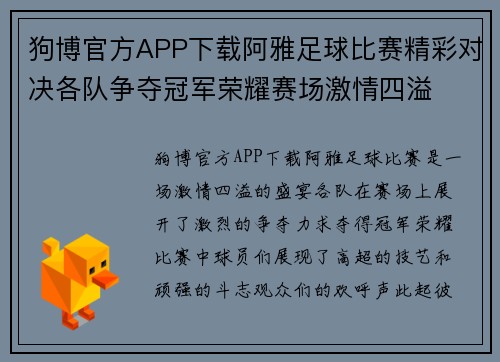 狗博官方APP下载阿雅足球比赛精彩对决各队争夺冠军荣耀赛场激情四溢
