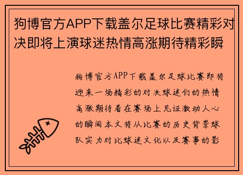 狗博官方APP下载盖尔足球比赛精彩对决即将上演球迷热情高涨期待精彩瞬间