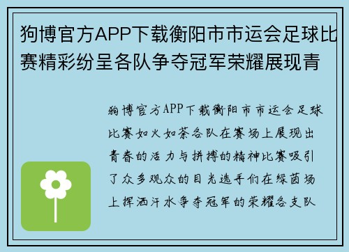 狗博官方APP下载衡阳市市运会足球比赛精彩纷呈各队争夺冠军荣耀展现青春风采