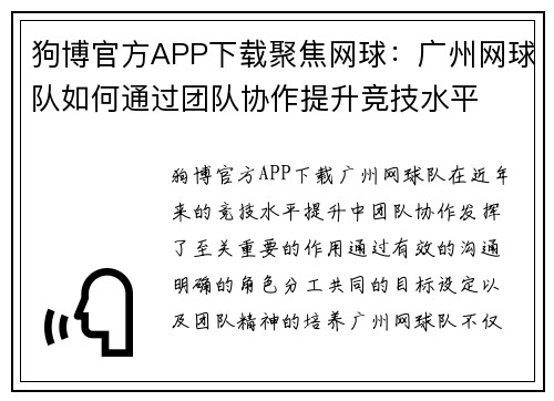 狗博官方APP下载聚焦网球：广州网球队如何通过团队协作提升竞技水平