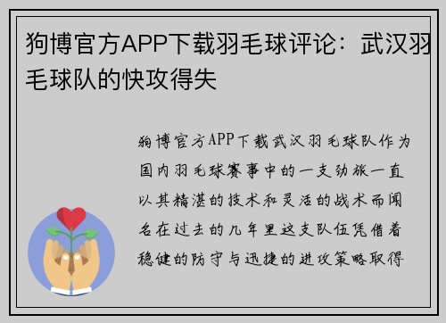 狗博官方APP下载羽毛球评论：武汉羽毛球队的快攻得失