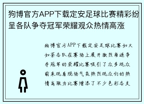 狗博官方APP下载定安足球比赛精彩纷呈各队争夺冠军荣耀观众热情高涨