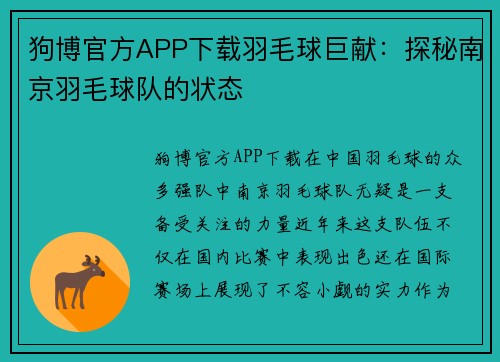 狗博官方APP下载羽毛球巨献：探秘南京羽毛球队的状态