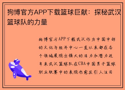 狗博官方APP下载篮球巨献：探秘武汉篮球队的力量